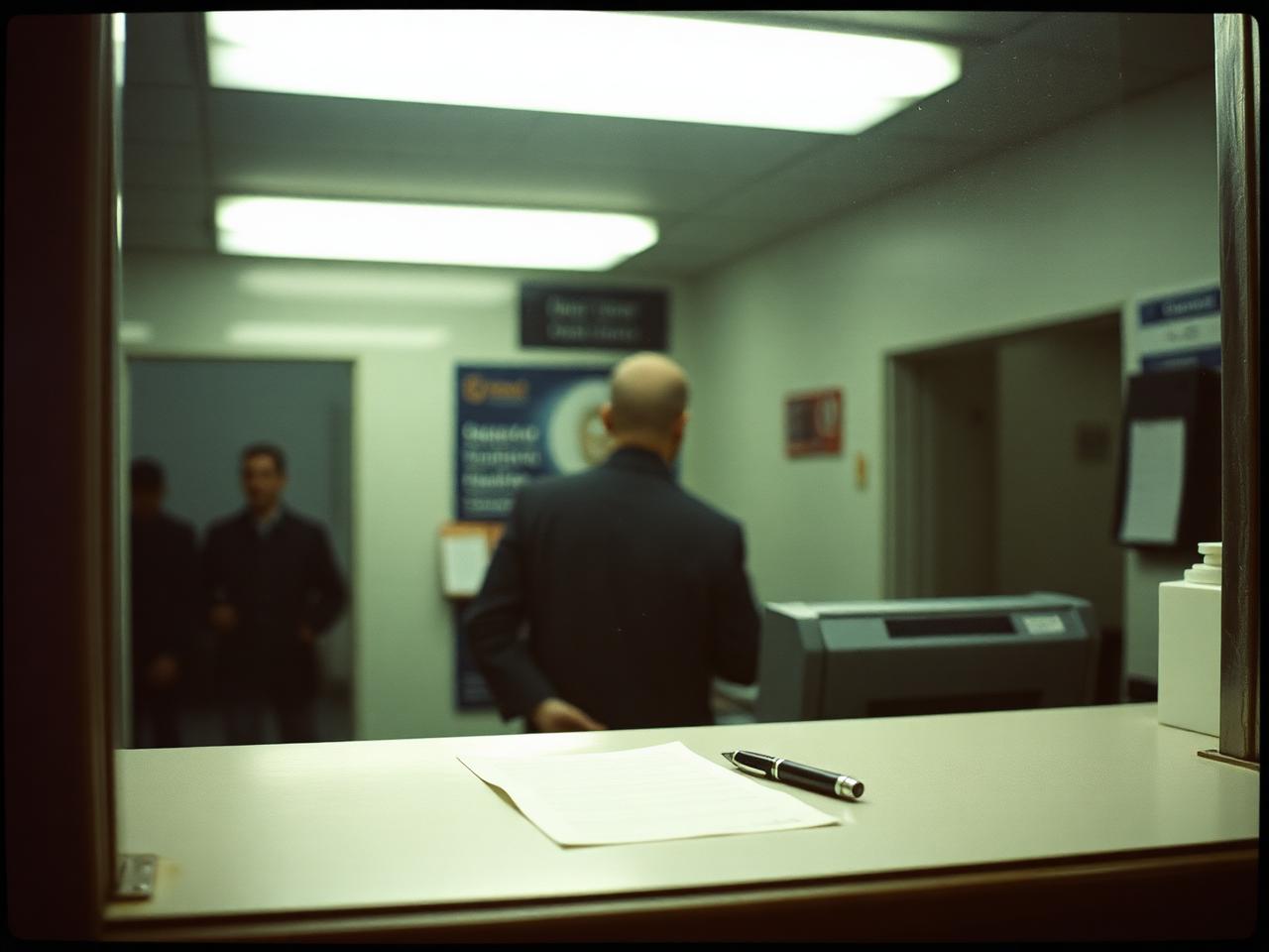 View of an institutional bank teller counter from the customer's side, with a pen and form on the counter and a blurred banker behind glass.
